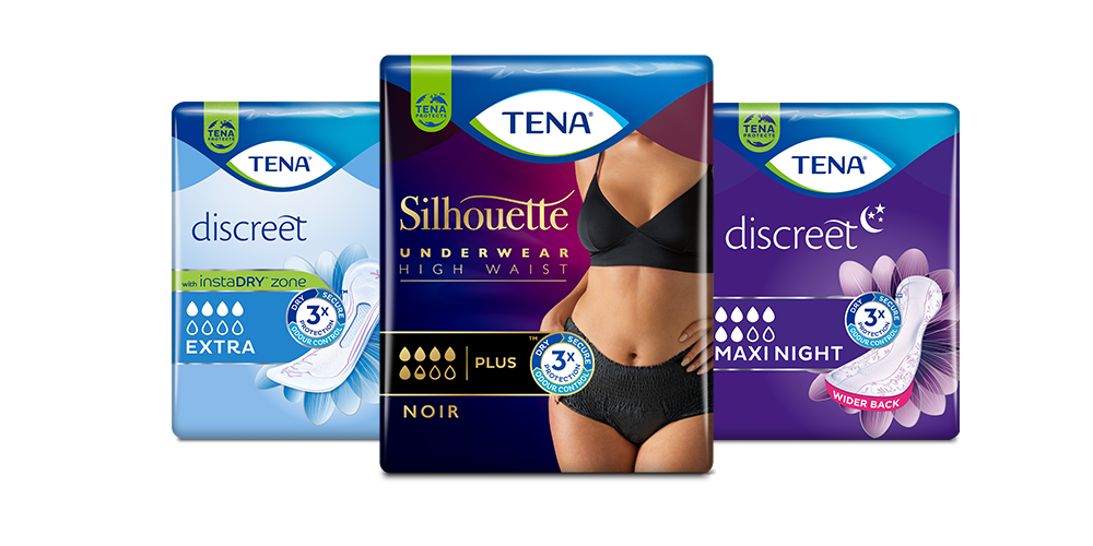 Vasakult: TENA Discreet Extra, TENA Discreet Maxi Night, TENA Silhouette Washable Underwear Classic ja TENA Silhouette Washable Underwear High Waist. Vasakult: TENA Discreet Extra, TENA Discreet Maxi Night, TENA Silhouette Washable Underwear Classic ja TENA Silhouette Washable Underwear High Waist.